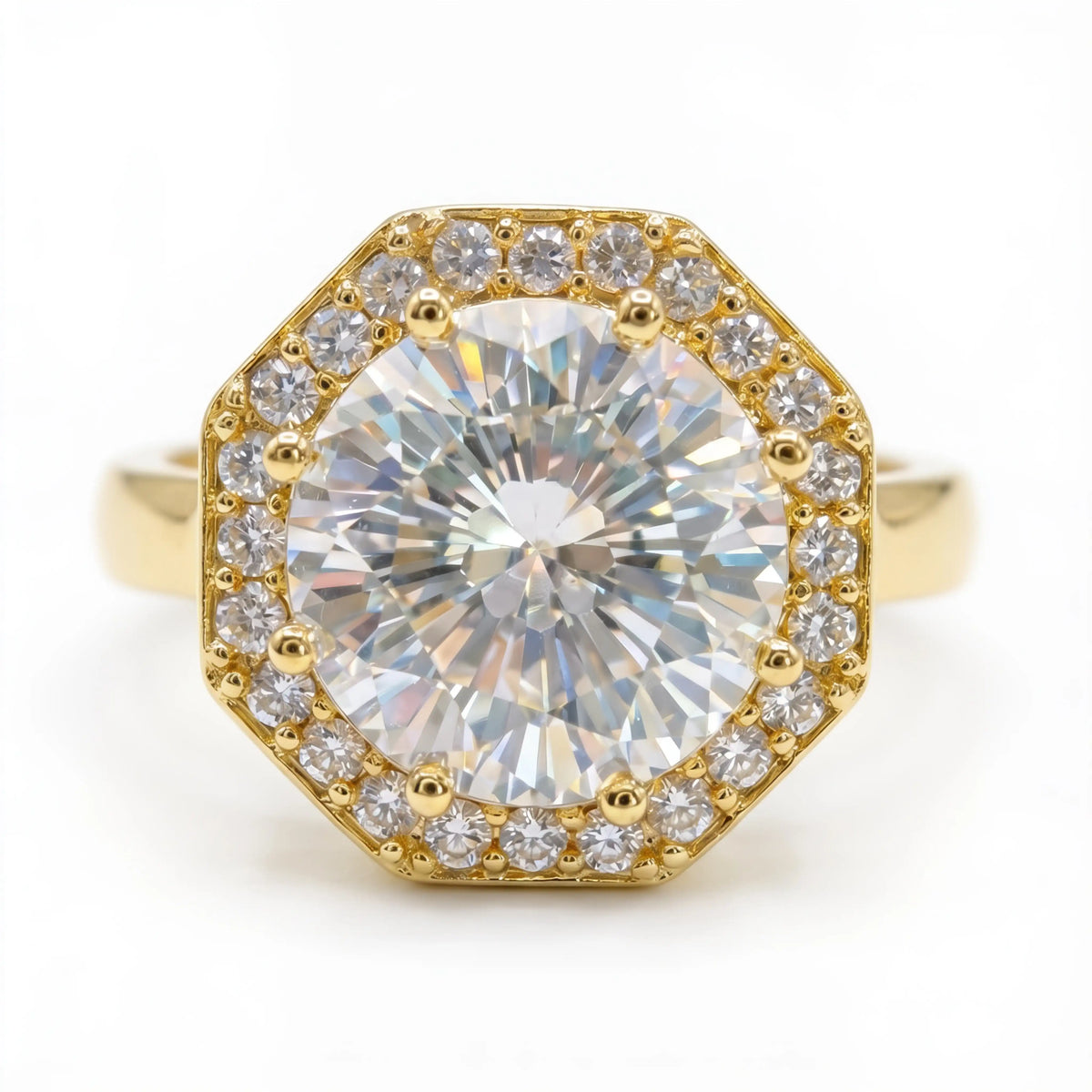 Gold-Tone Octagonal Halo Solitaire Crystal Ring
