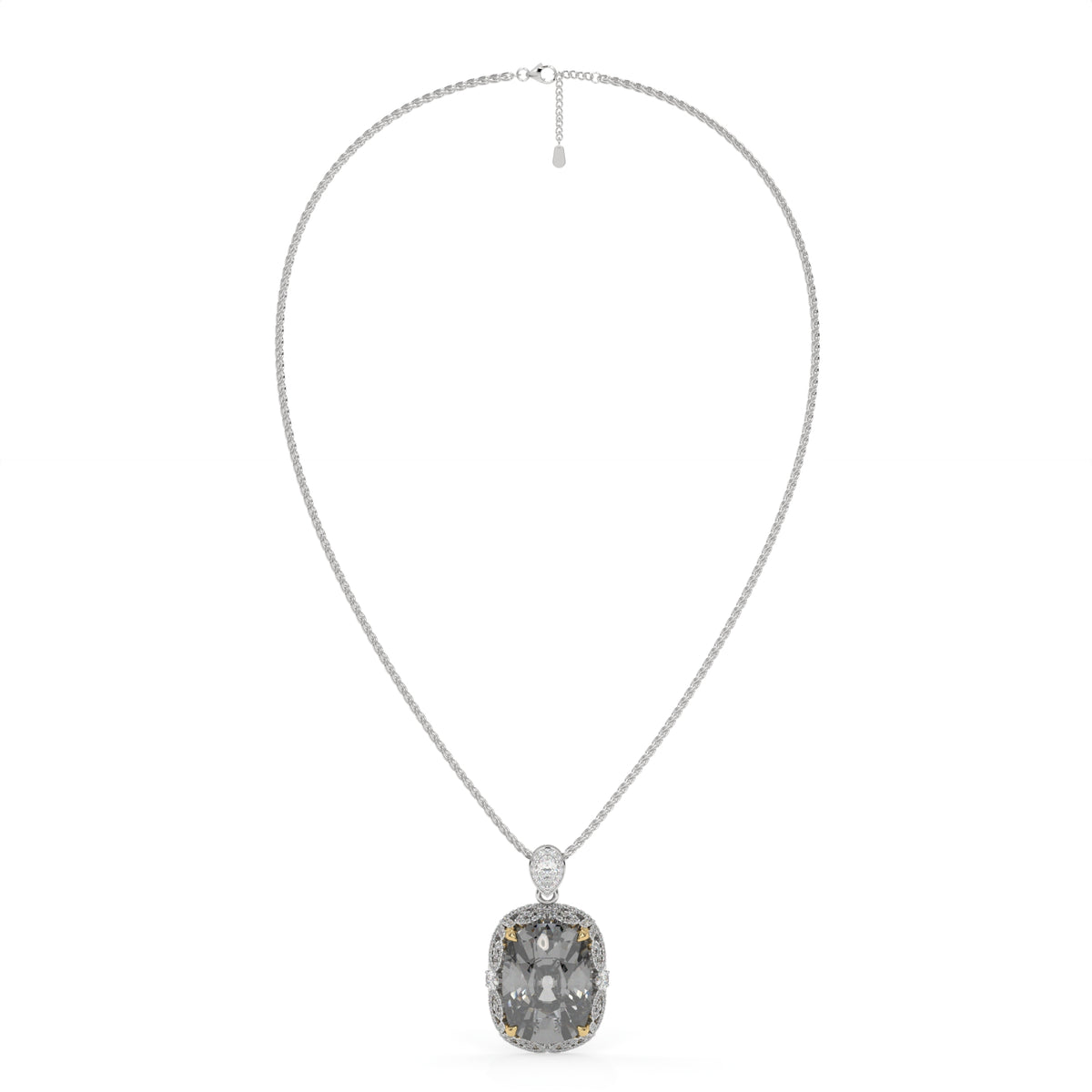 Duetta Grey Crystal Cushion Halo Pendant Necklace, Gold & Rhodium finish