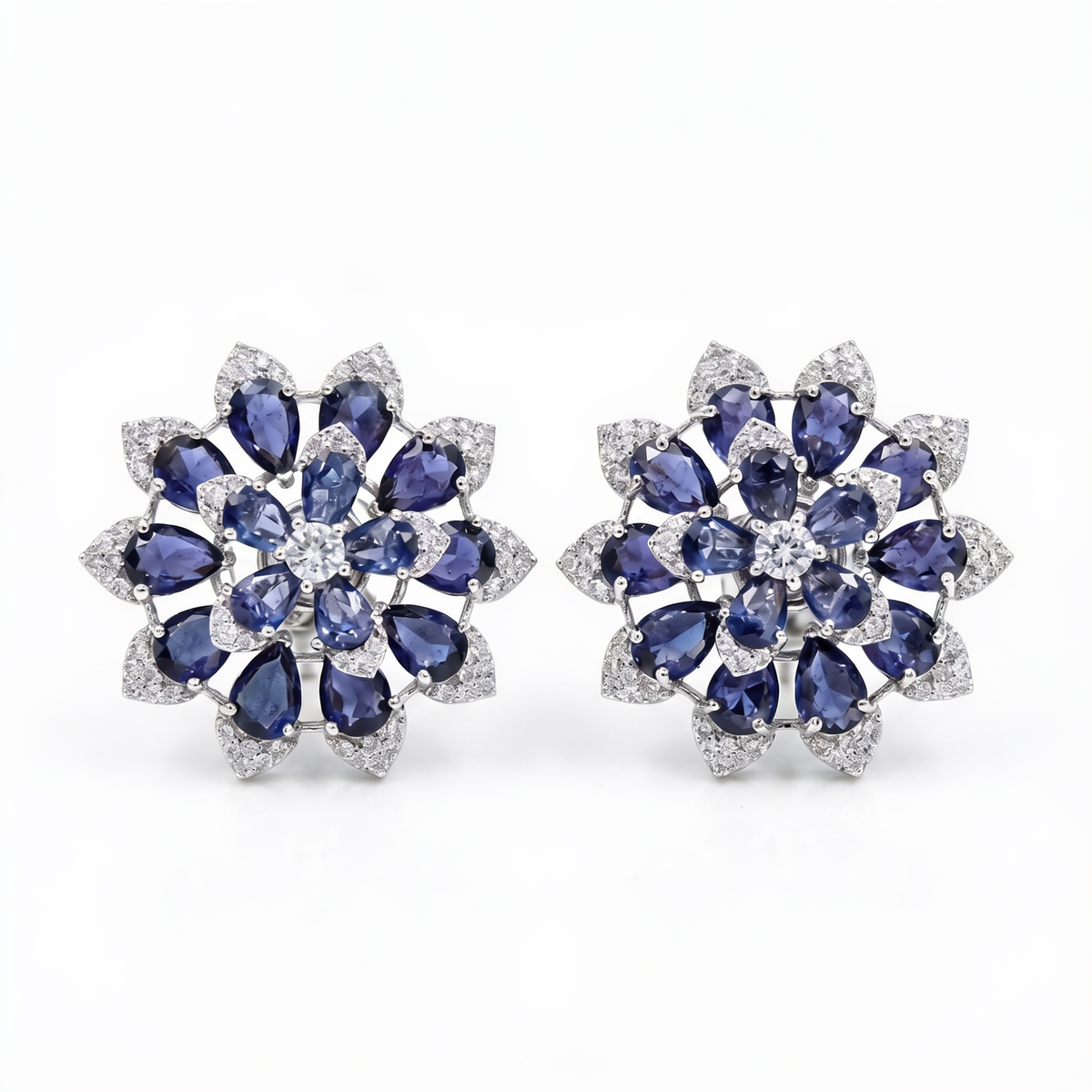 White Crystal Pear Cluster Flower Stud Earrings, Rhodium finish