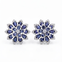 White Crystal Pear Cluster Flower Stud Earrings, Rhodium finish