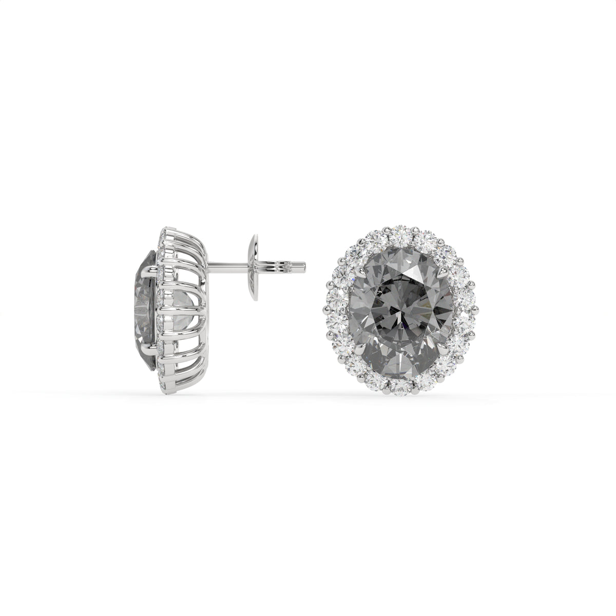 Diana Grey Crystal Oval Halo Stud Earrings, Rhodium finish