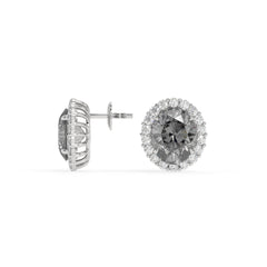 Diana Grey Crystal Oval Halo Stud Earrings, Rhodium finish