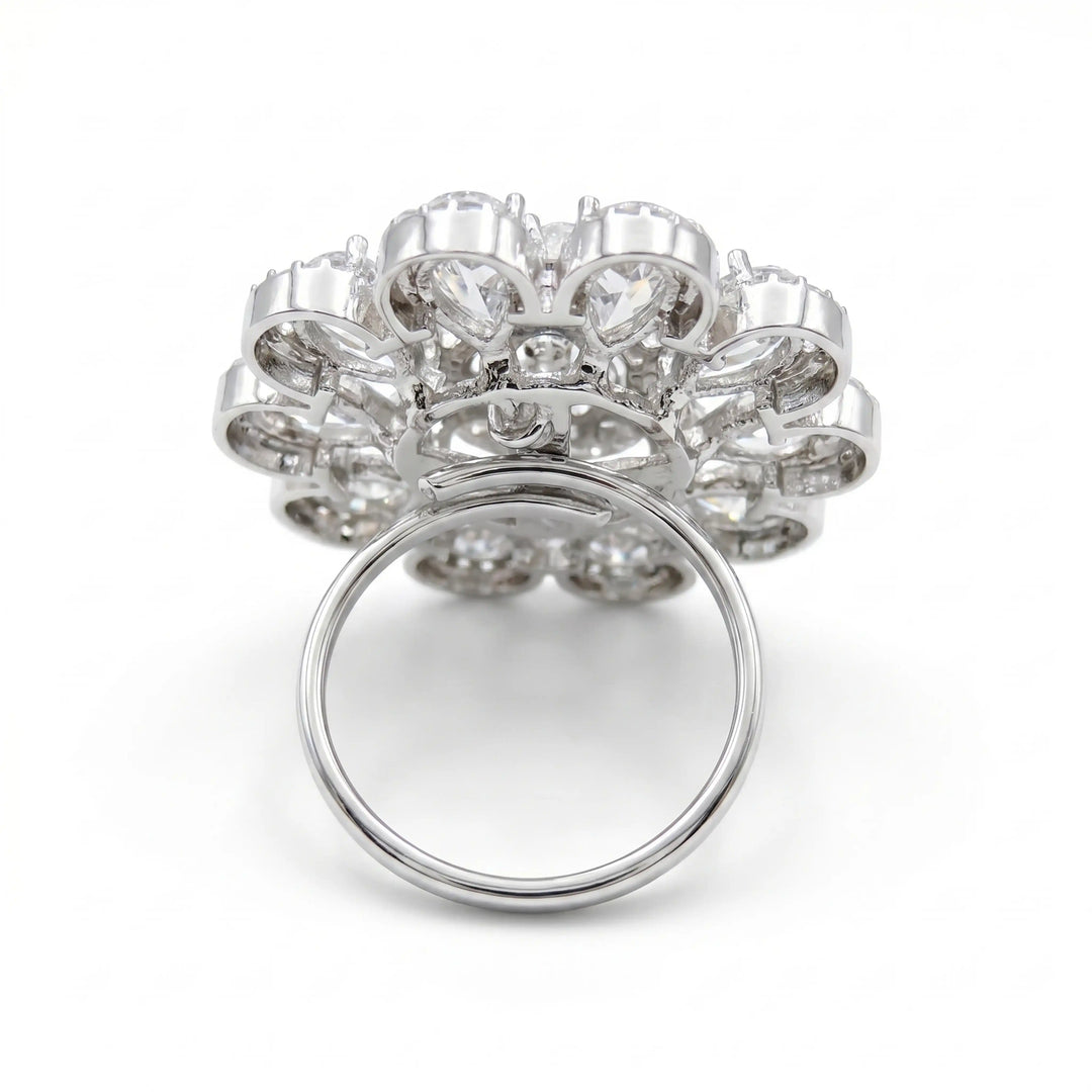Crystal Oval Floral Cluster Cocktail Ring, Rhodium finish