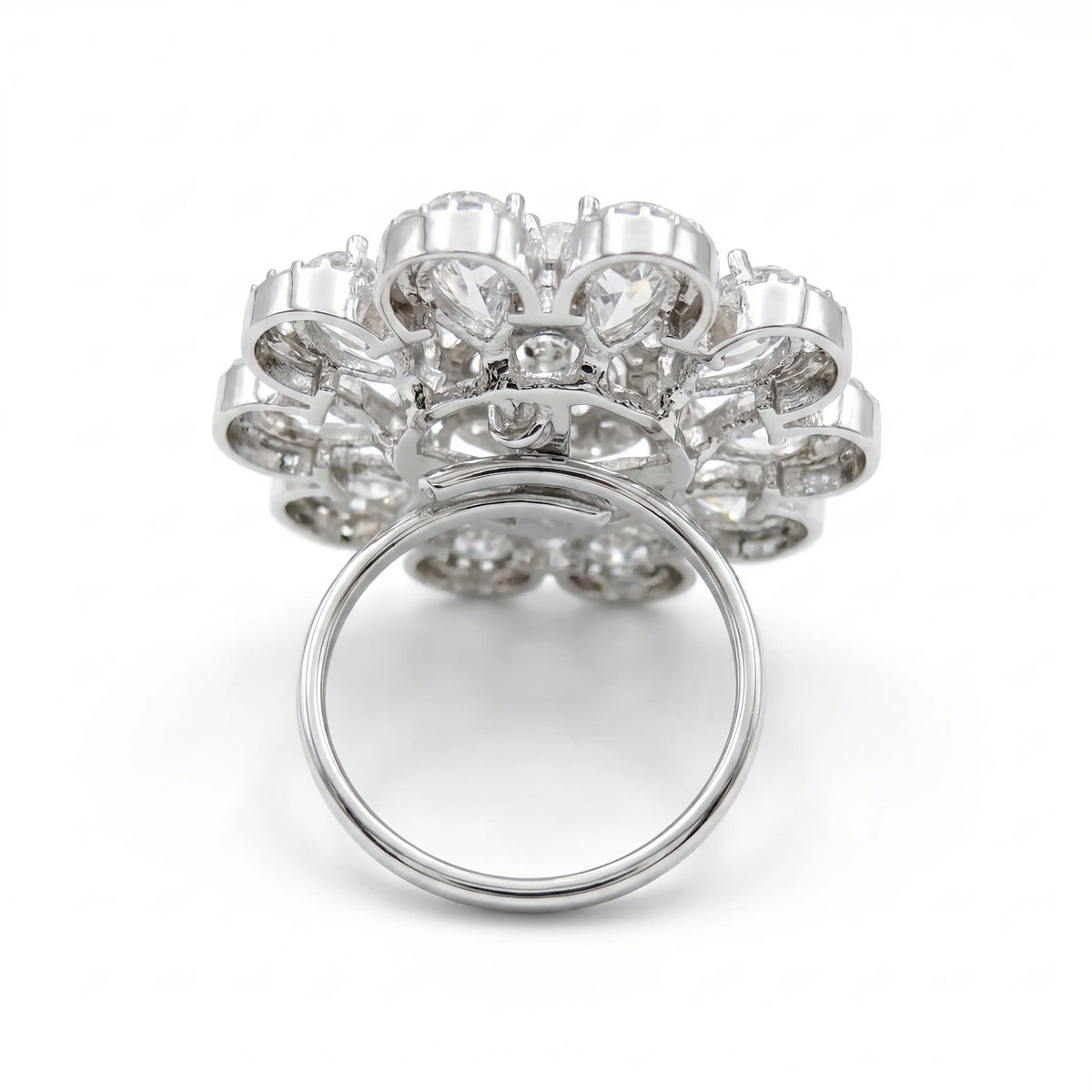 Crystal Oval Floral Cluster Cocktail Ring, Rhodium finish