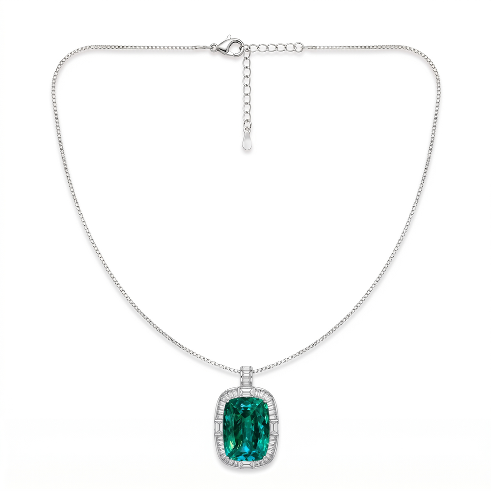 Regalia Green Crystal Cushion Baguette Pendant Necklace, Rhodium finish
