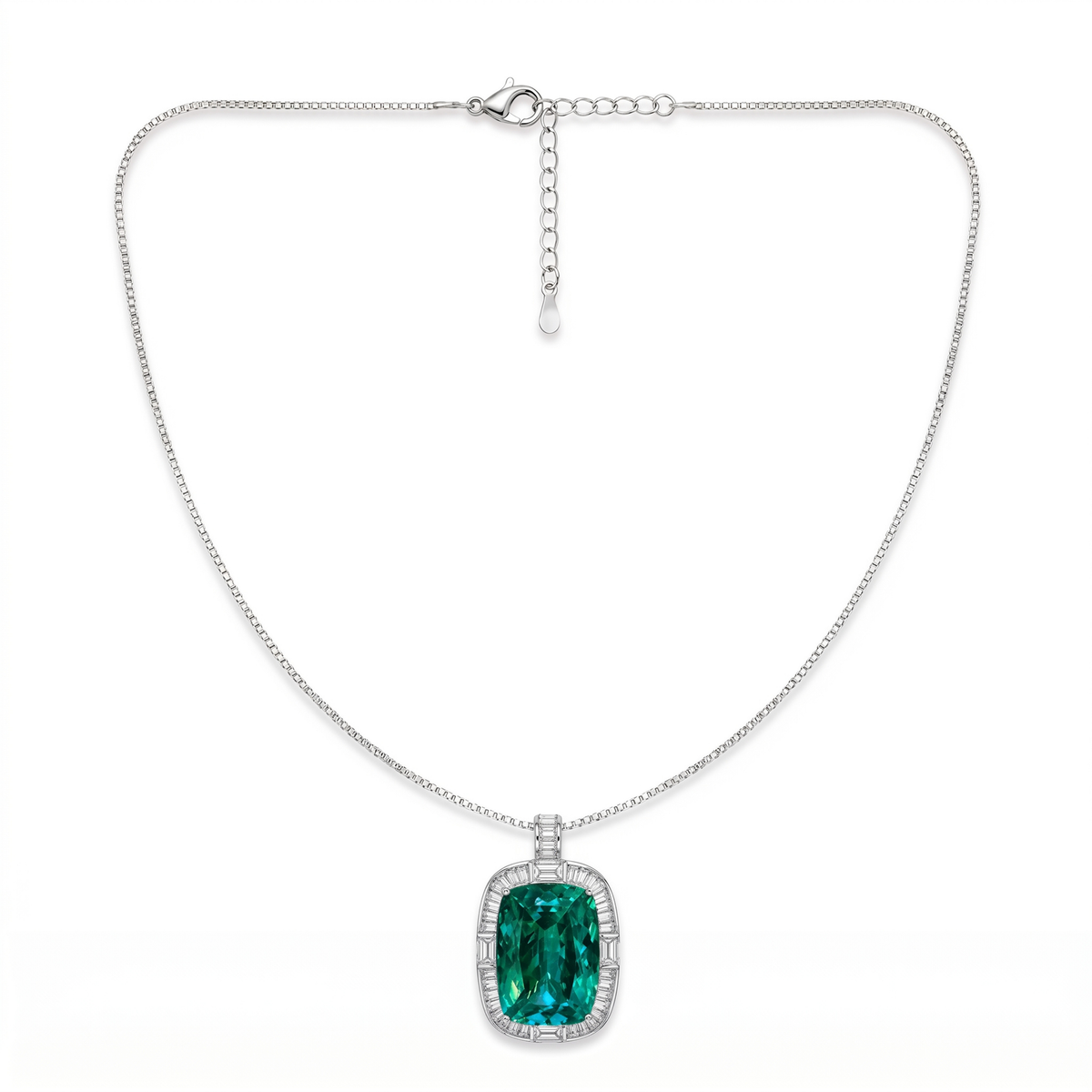 Regalia Green Crystal Cushion Baguette Pendant Necklace, Rhodium finish