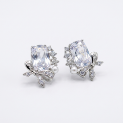 Bowelle White Crystal & Pearl Bow Stud Earrings, Cushion cut, Rhodium finish