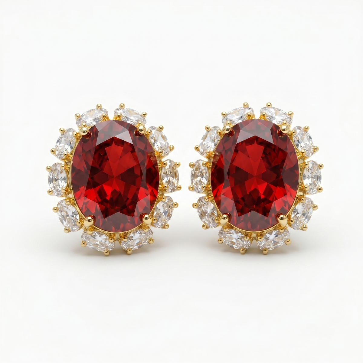 Rouge Oval Crystal Halo Stud Earrings, Gold finish