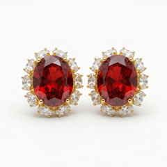 Rouge Oval Crystal Halo Stud Earrings, Gold finish
