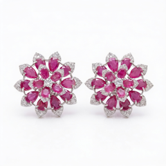 White Crystal Pear Cluster Flower Stud Earrings, Rhodium finish