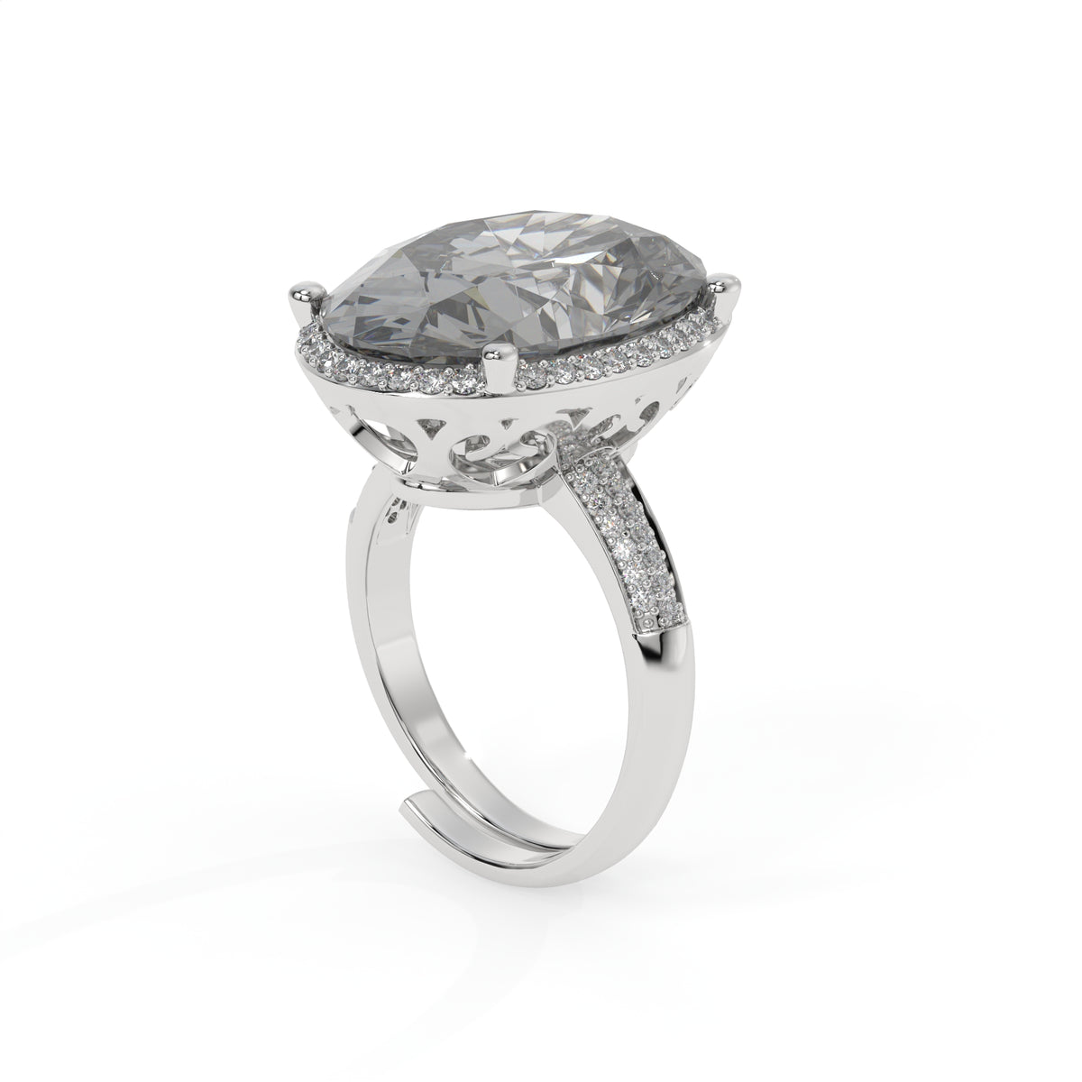 Diana Grey Crystal Cushion Halo Cocktail Ring, Rhodium finish