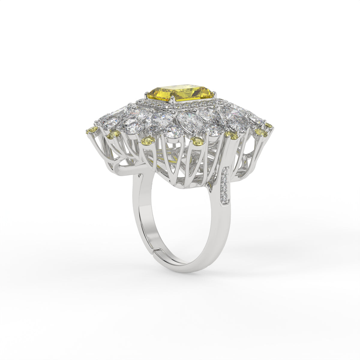 Starburst Helia Crystal Floral Burst Cocktail Ring, Rhodium finish