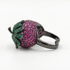 Botanica Pink & Green Crystal Strawberry Dome Cocktail Ring, Black Ruthenium  finish