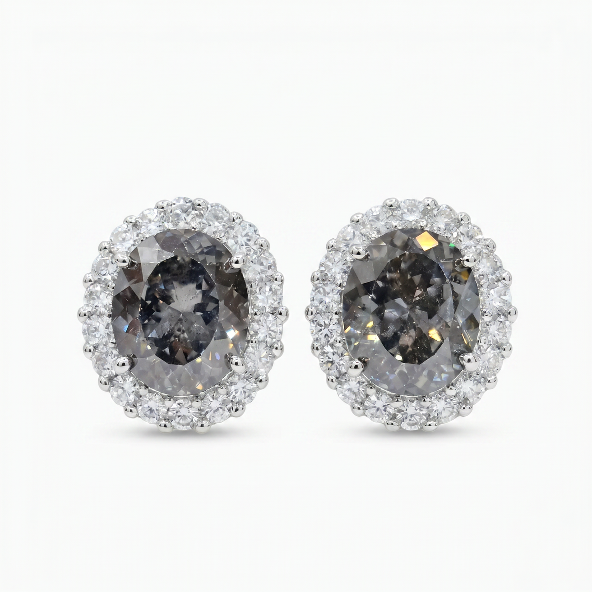 Smoky grey oval halo stud earrings for women, rhodium finish - RANGREZ