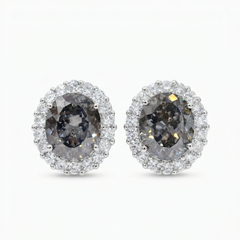 Smoky grey oval halo stud earrings for women, rhodium finish - RANGREZ