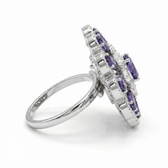 Crystal Oval Floral Cluster Cocktail Ring, Rhodium finish