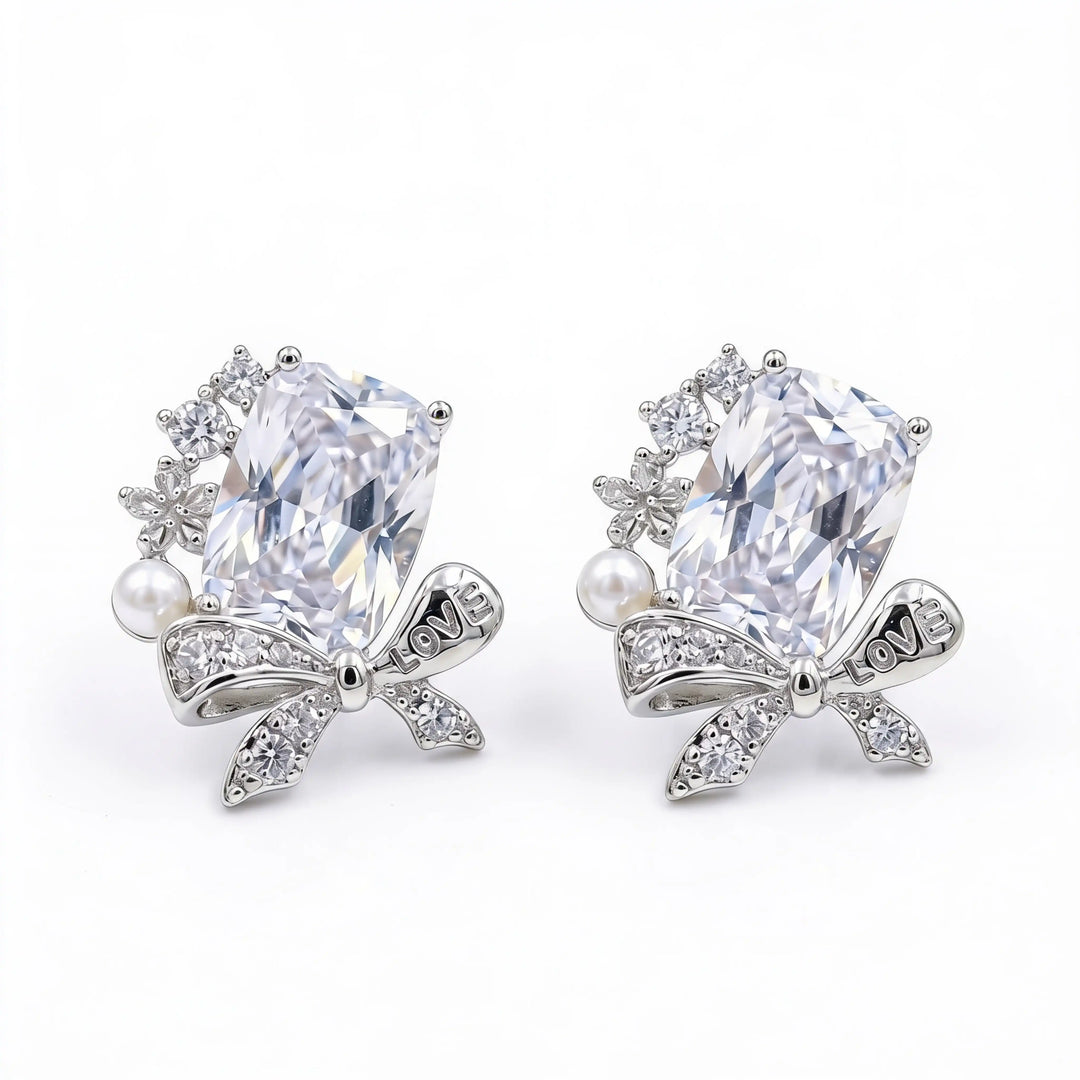 Bowelle White Crystal & Pearl Bow Stud Earrings, Cushion cut, Rhodium finish