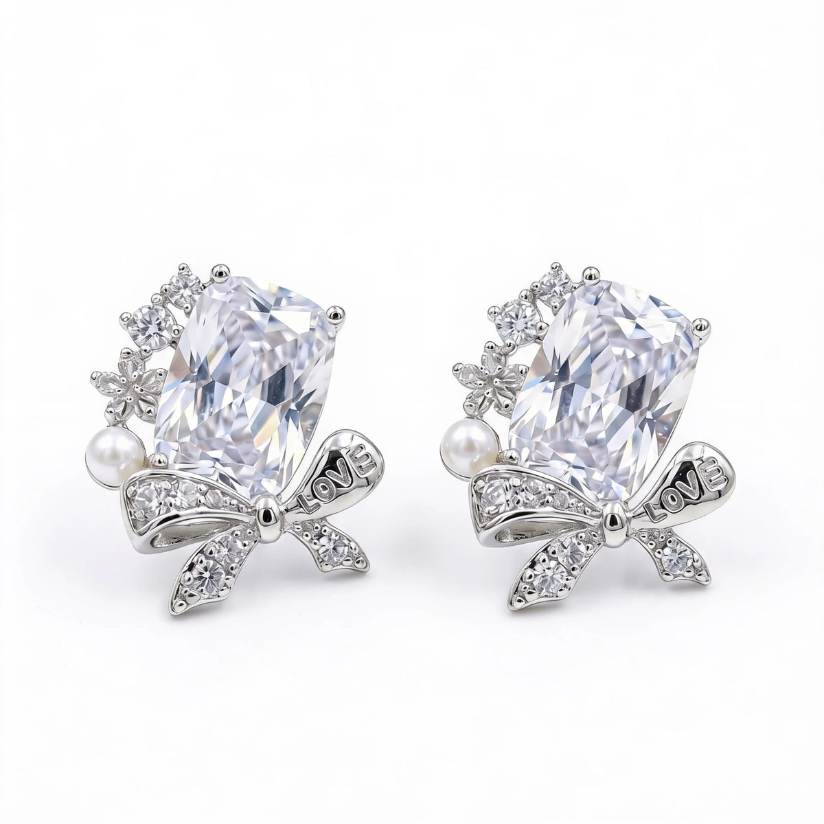 Bowelle White Crystal & Pearl Bow Stud Earrings, Cushion cut, Rhodium finish