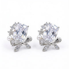 Bowelle White Crystal & Pearl Bow Stud Earrings, Cushion cut, Rhodium finish