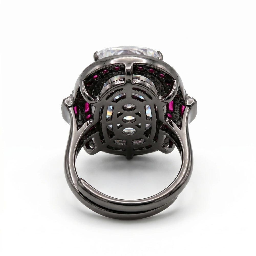 Cadence White Crystal Oval Cocktail Ring with Ruby Halo, Black Rhodium finish