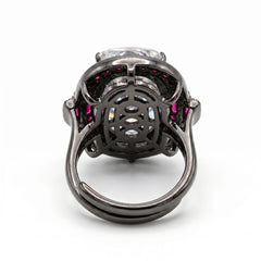 Cadence White Crystal Oval Cocktail Ring with Ruby Halo, Black Rhodium finish