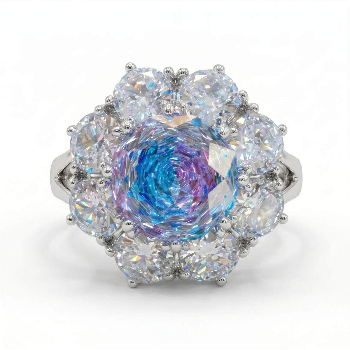 Aurora Crystal Cushion Halo Cocktail Ring, Rhodium finish