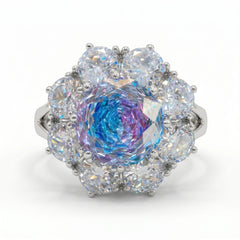 Aurora Crystal Cushion Halo Cocktail Ring, Rhodium finish