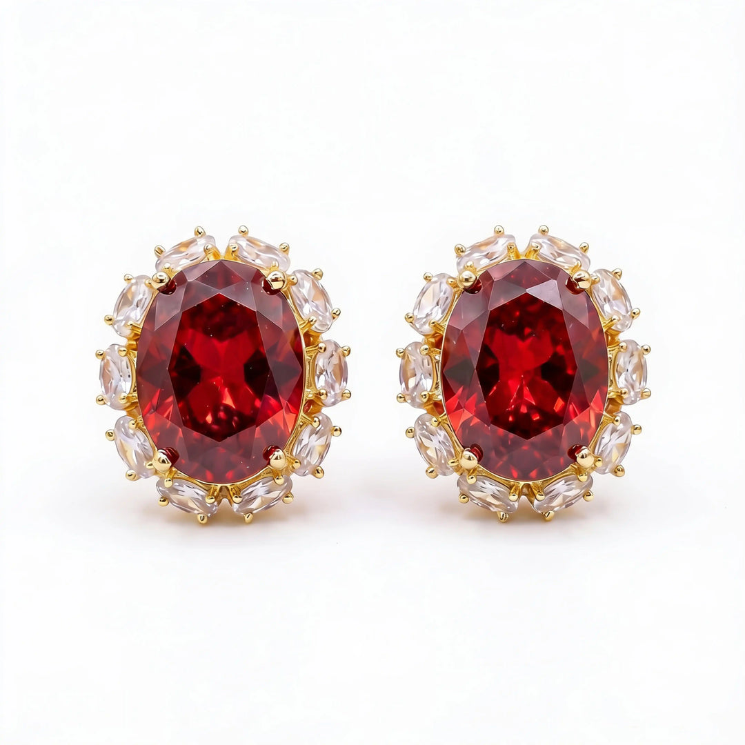 Rouge Oval Crystal Halo Stud Earrings, Gold finish