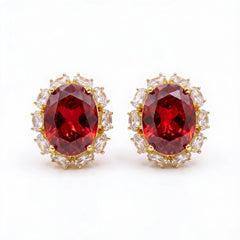 Rouge Oval Crystal Halo Stud Earrings, Gold finish