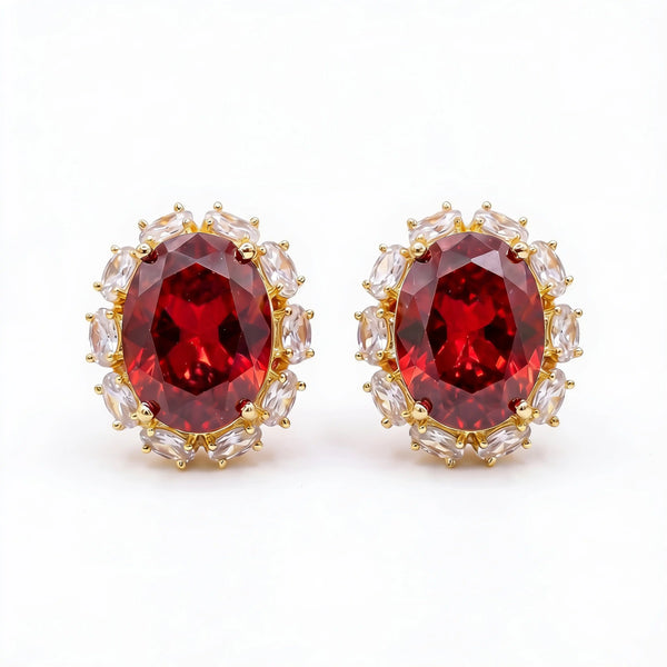 Rouge Oval Crystal Halo Stud Earrings, Gold finish