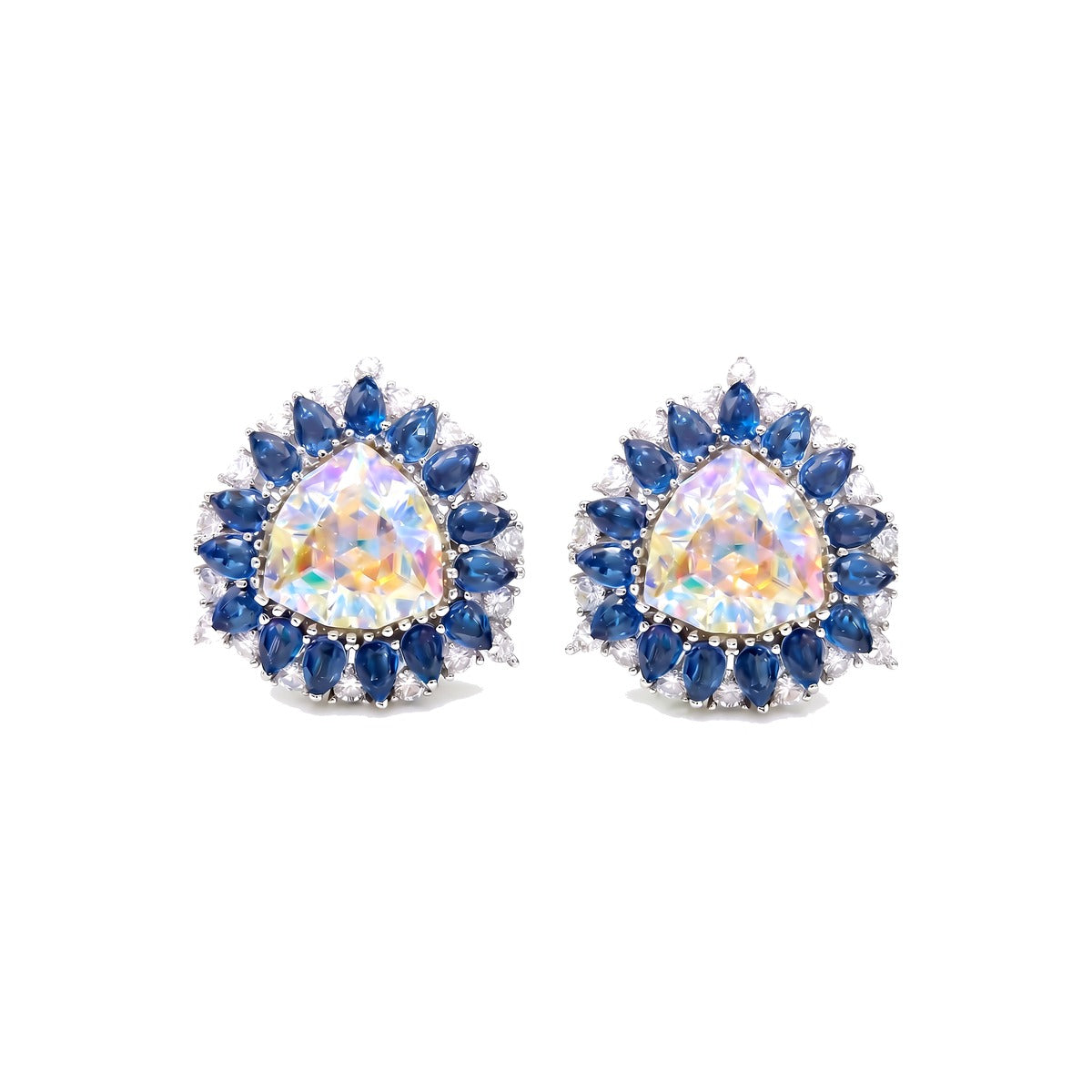 Iridescent trillion halo stud earrings for women, rhodium tone - RANGREZ