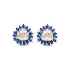 Iridescent trillion halo stud earrings for women, rhodium tone - RANGREZ