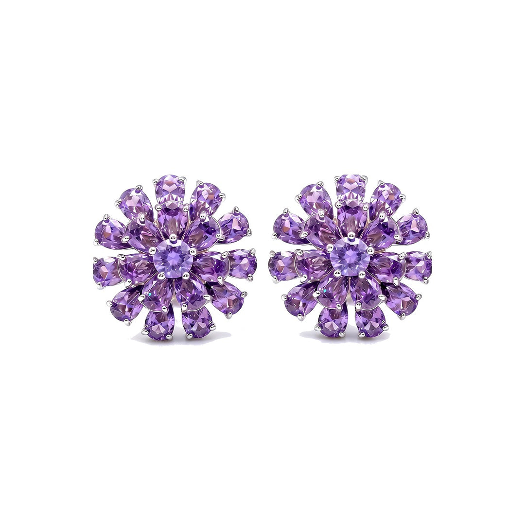 Purple daisy bloom crystal stud earrings for women, rhodium tone - RANGREZ