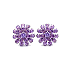 Purple daisy bloom crystal stud earrings for women, rhodium tone - RANGREZ