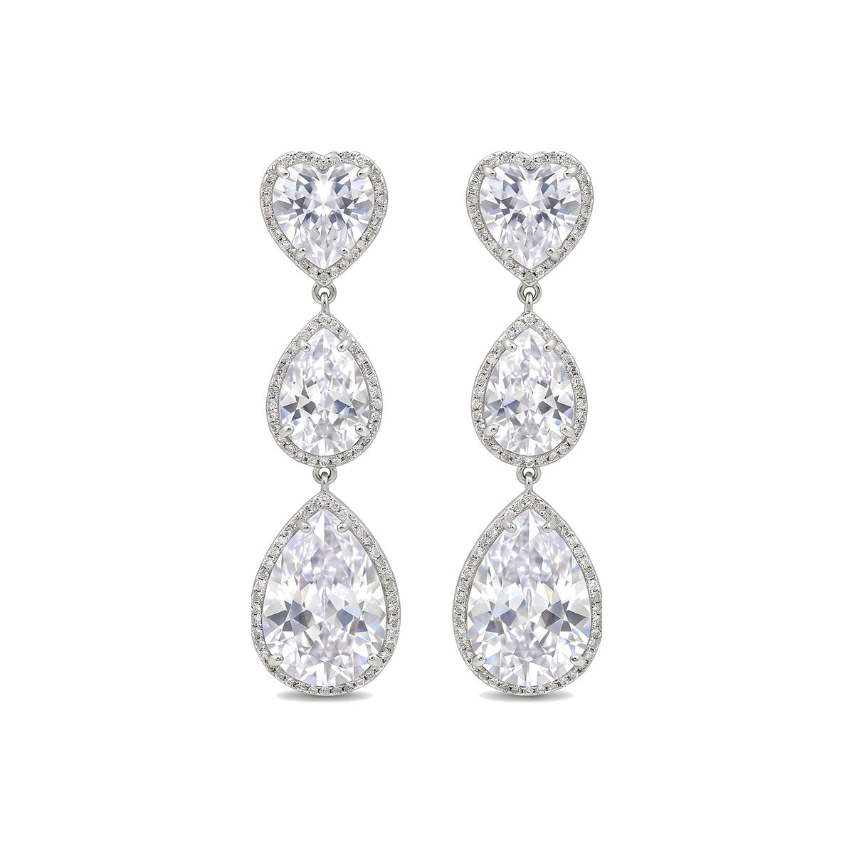 White Crystal Heart & Teardrop Drop Earrings, Rhodium finish