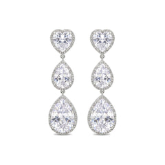 White Crystal Heart & Teardrop Drop Earrings, Rhodium finish
