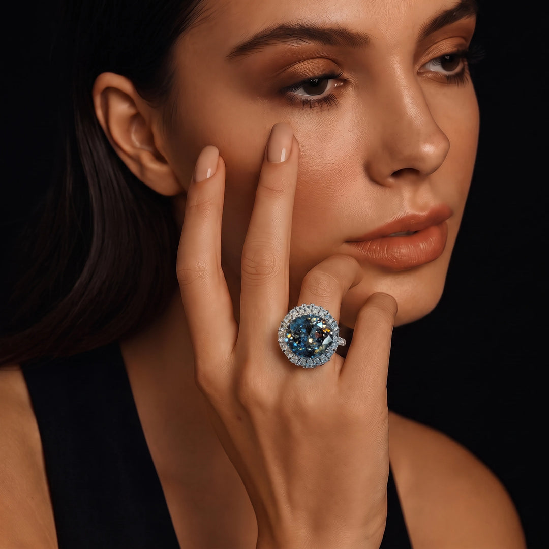 Grey oval halo cocktail ring for women, adjustable - RANGREZ (view 5)