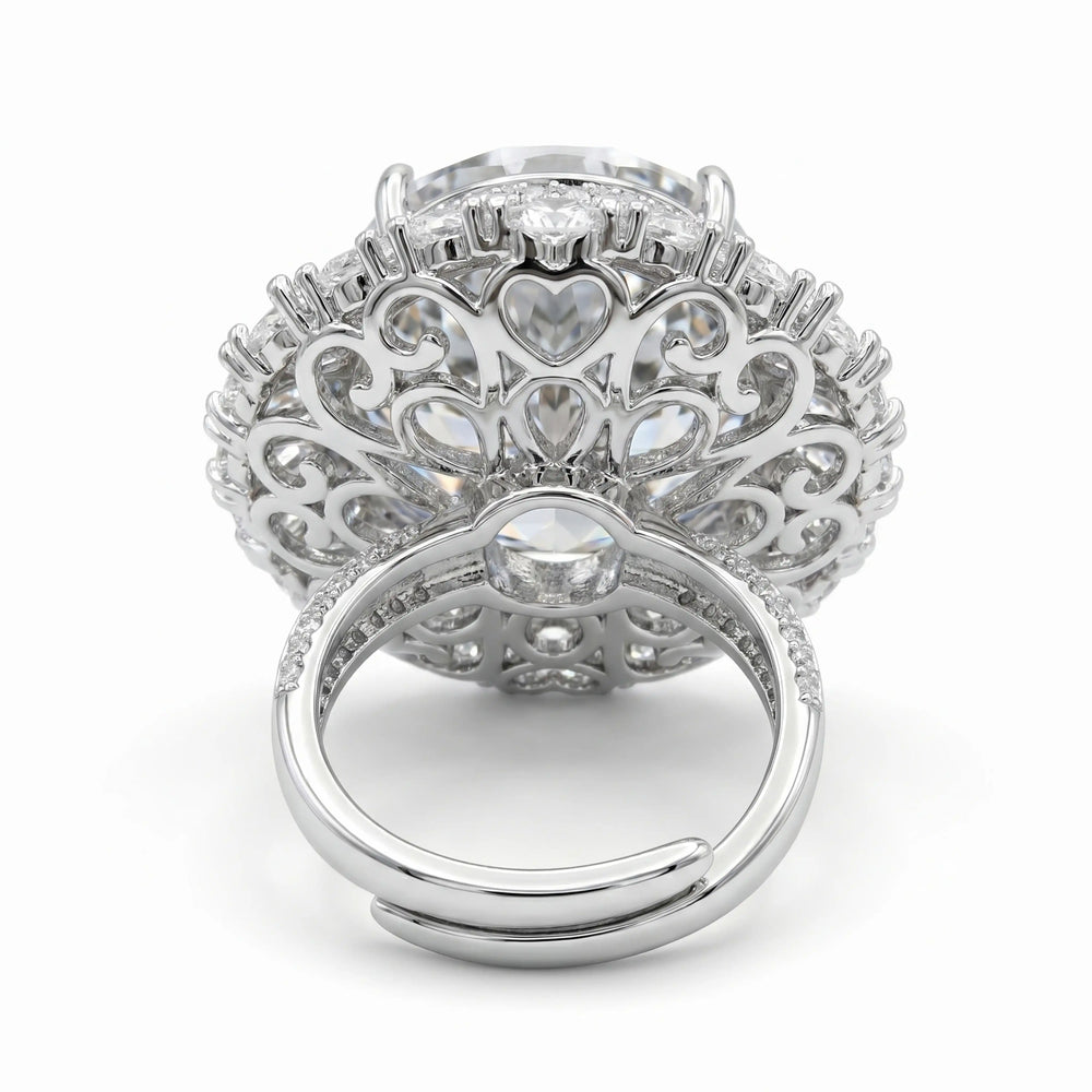 Grey Crystal Oval Halo Statement Cocktail Ring, Rhodium finish