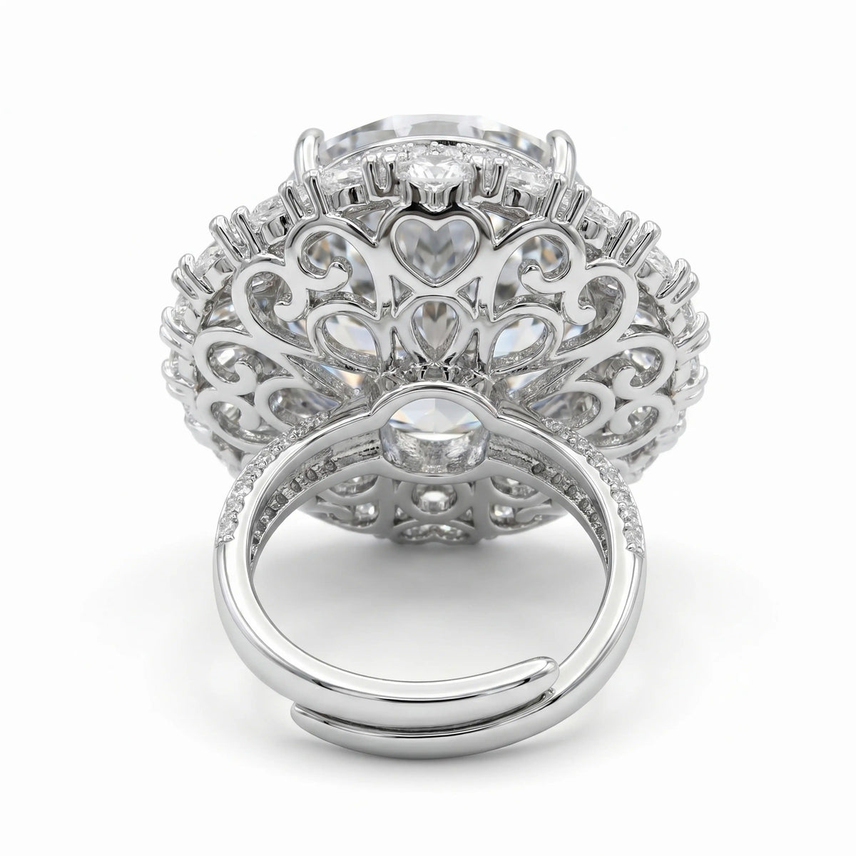 Grey Crystal Oval Halo Statement Cocktail Ring, Rhodium finish