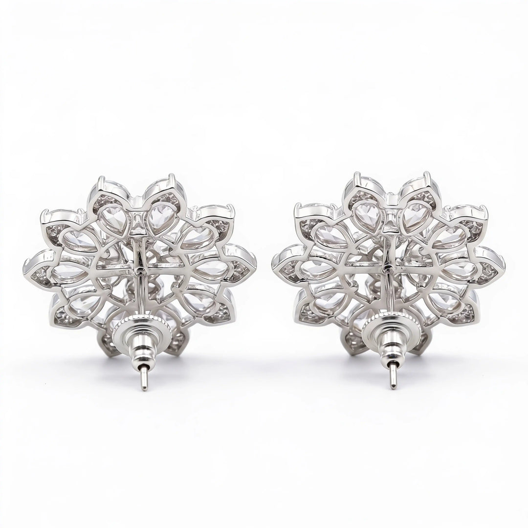 White Crystal Pear Cluster Flower Stud Earrings, Rhodium finish