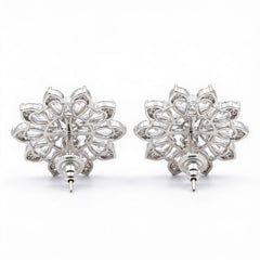 White Crystal Pear Cluster Flower Stud Earrings, Rhodium finish