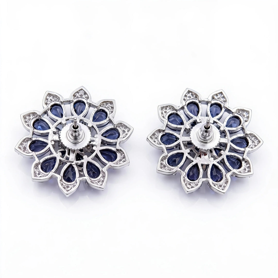 White Crystal Pear Cluster Flower Stud Earrings, Rhodium finish
