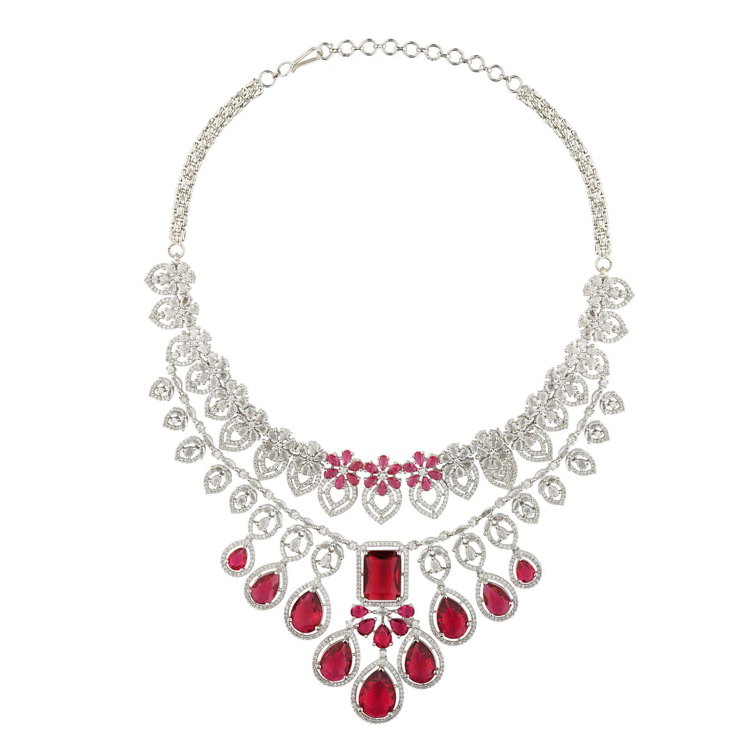 Ruby Russian Cut Rhodium Plated Necklace Set