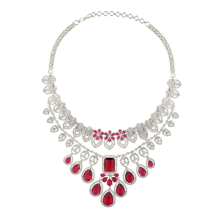 Ruby Russian Cut Rhodium Plated Necklace Set
