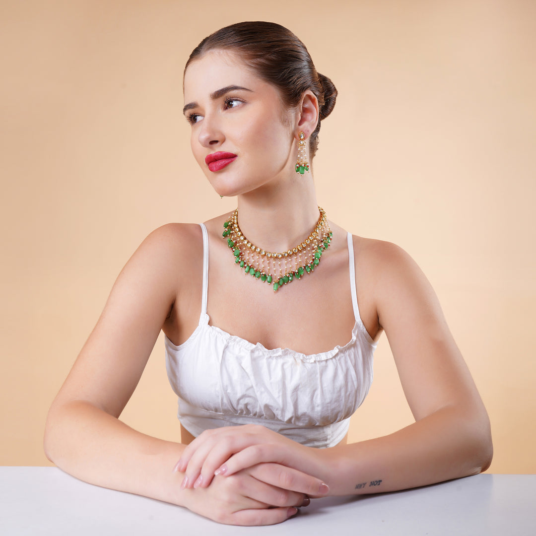 Mahnoor Green Drop Kundan Necklace Set