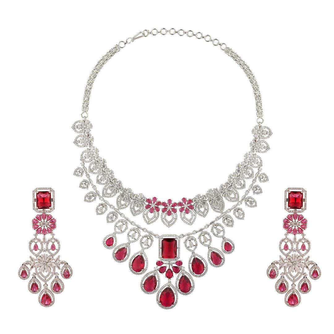Ruby Russian Cut Rhodium Plated Necklace Set