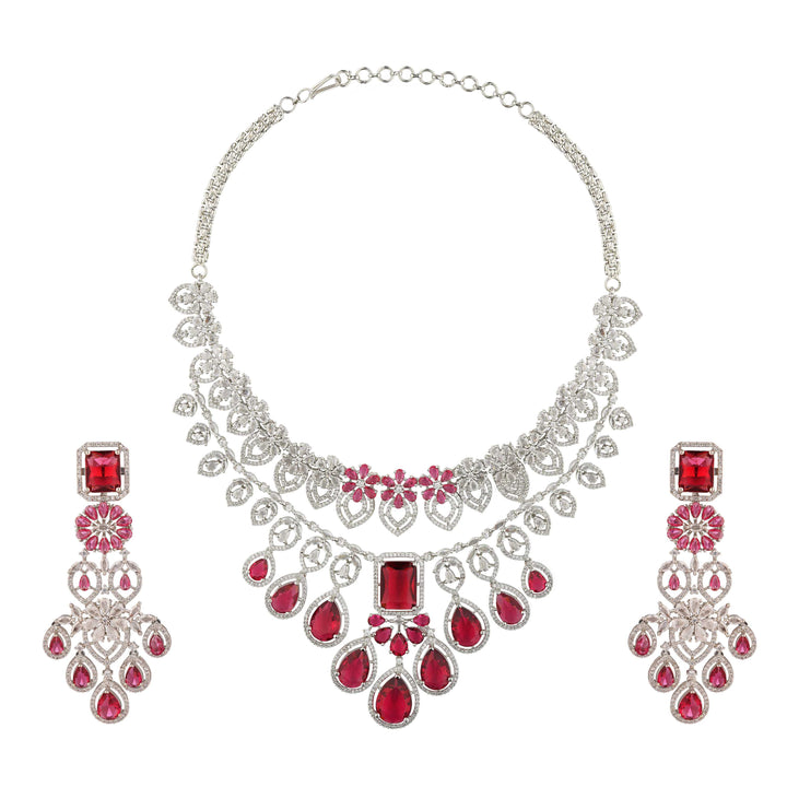 Ruby Russian Cut Rhodium Plated Necklace Set