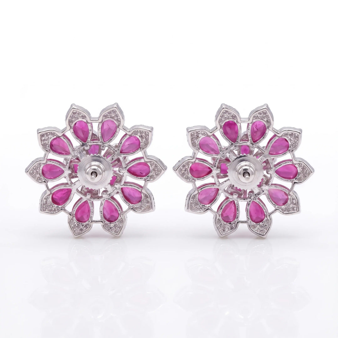 White Crystal Pear Cluster Flower Stud Earrings, Rhodium finish