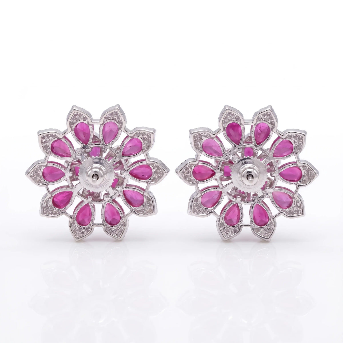 White Crystal Pear Cluster Flower Stud Earrings, Rhodium finish