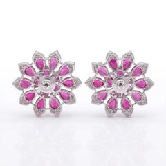 White Crystal Pear Cluster Flower Stud Earrings, Rhodium finish
